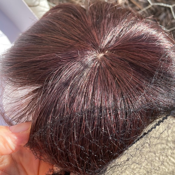 NWT 100% human hair dark brown remy burgundy hint 100% topper center parting - Picture 14 of 15